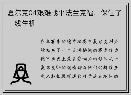 夏尔克04艰难战平法兰克福，保住了一线生机