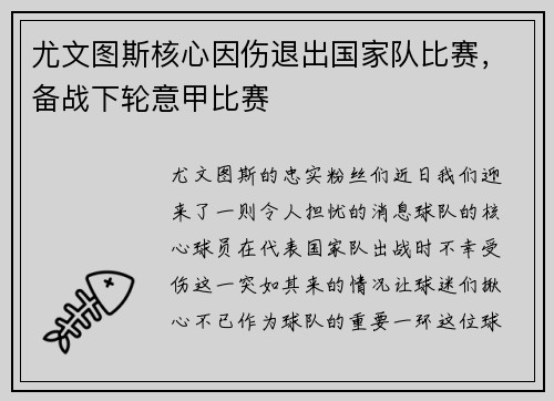 尤文图斯核心因伤退出国家队比赛，备战下轮意甲比赛