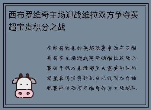 西布罗维奇主场迎战维拉双方争夺英超宝贵积分之战