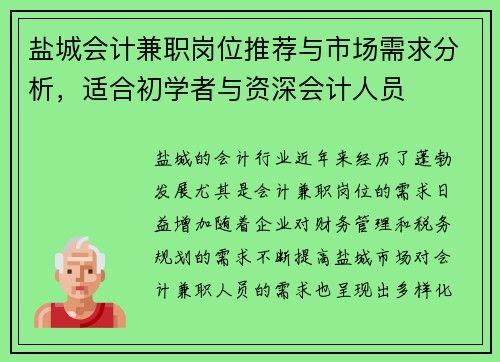 盐城会计兼职岗位推荐与市场需求分析，适合初学者与资深会计人员