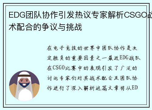 EDG团队协作引发热议专家解析CSGO战术配合的争议与挑战
