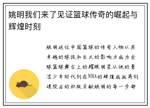 姚明我们来了见证篮球传奇的崛起与辉煌时刻