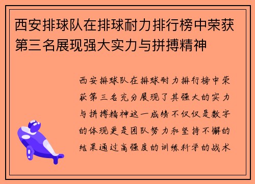 西安排球队在排球耐力排行榜中荣获第三名展现强大实力与拼搏精神