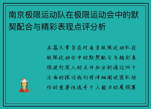 南京极限运动队在极限运动会中的默契配合与精彩表现点评分析