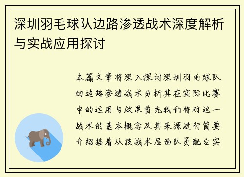 深圳羽毛球队边路渗透战术深度解析与实战应用探讨