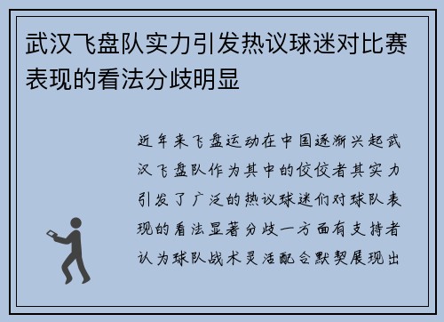 武汉飞盘队实力引发热议球迷对比赛表现的看法分歧明显