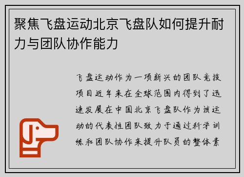 聚焦飞盘运动北京飞盘队如何提升耐力与团队协作能力