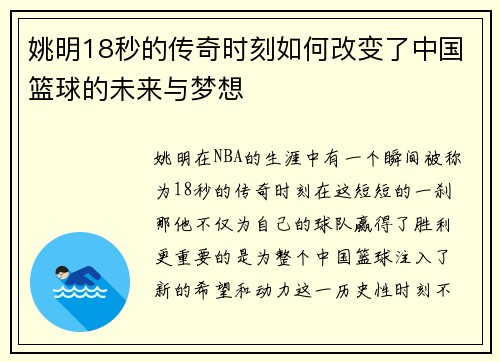 姚明18秒的传奇时刻如何改变了中国篮球的未来与梦想